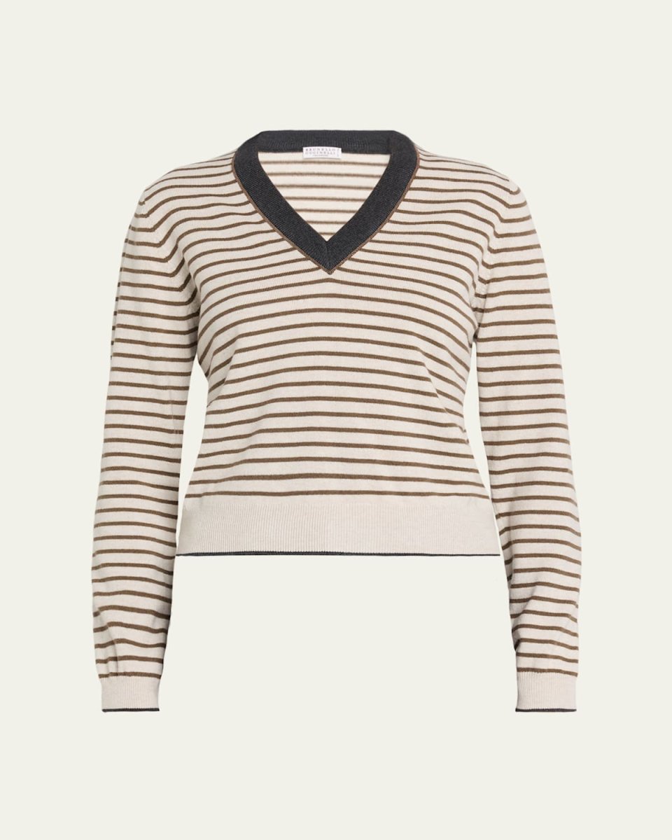 Striped Wool-Cashmere V-Neck Sweater